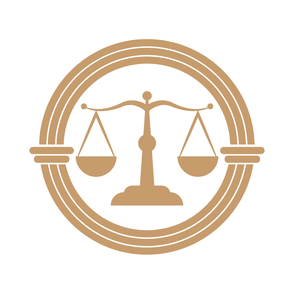 Pictogramme de la balance de la justice entourée d'un cercle double, de couleur doré