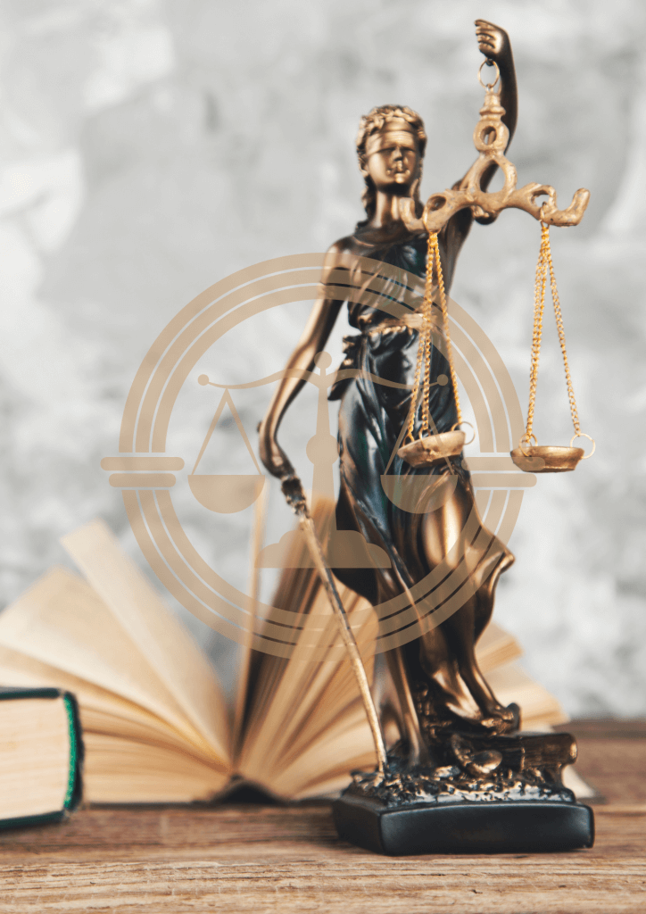 Photo d'une statuette en bronze de Thémis avec la balance de la justice, posée sur un bureau. Un pictogramme est apposé sur la photo, de couleur doré représentant la balance de la justice